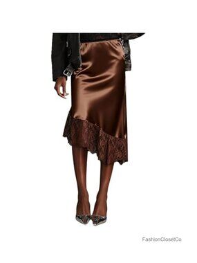 Lace Trim Satin Maxi Skirt A-Line Half Slip